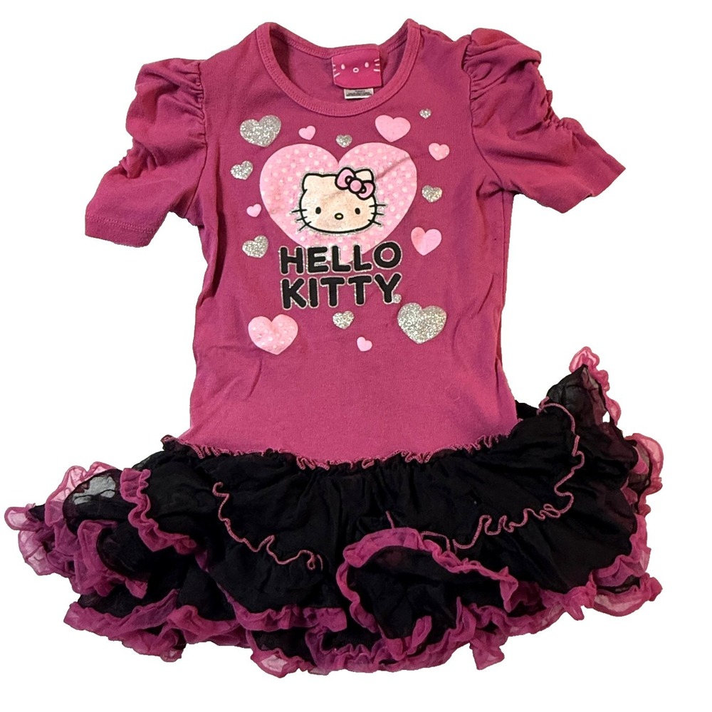 Hello Kitty Tutu Dress Girls 6X Pink Black Heart Kawaii Puff Sleeve Tutu Skirt